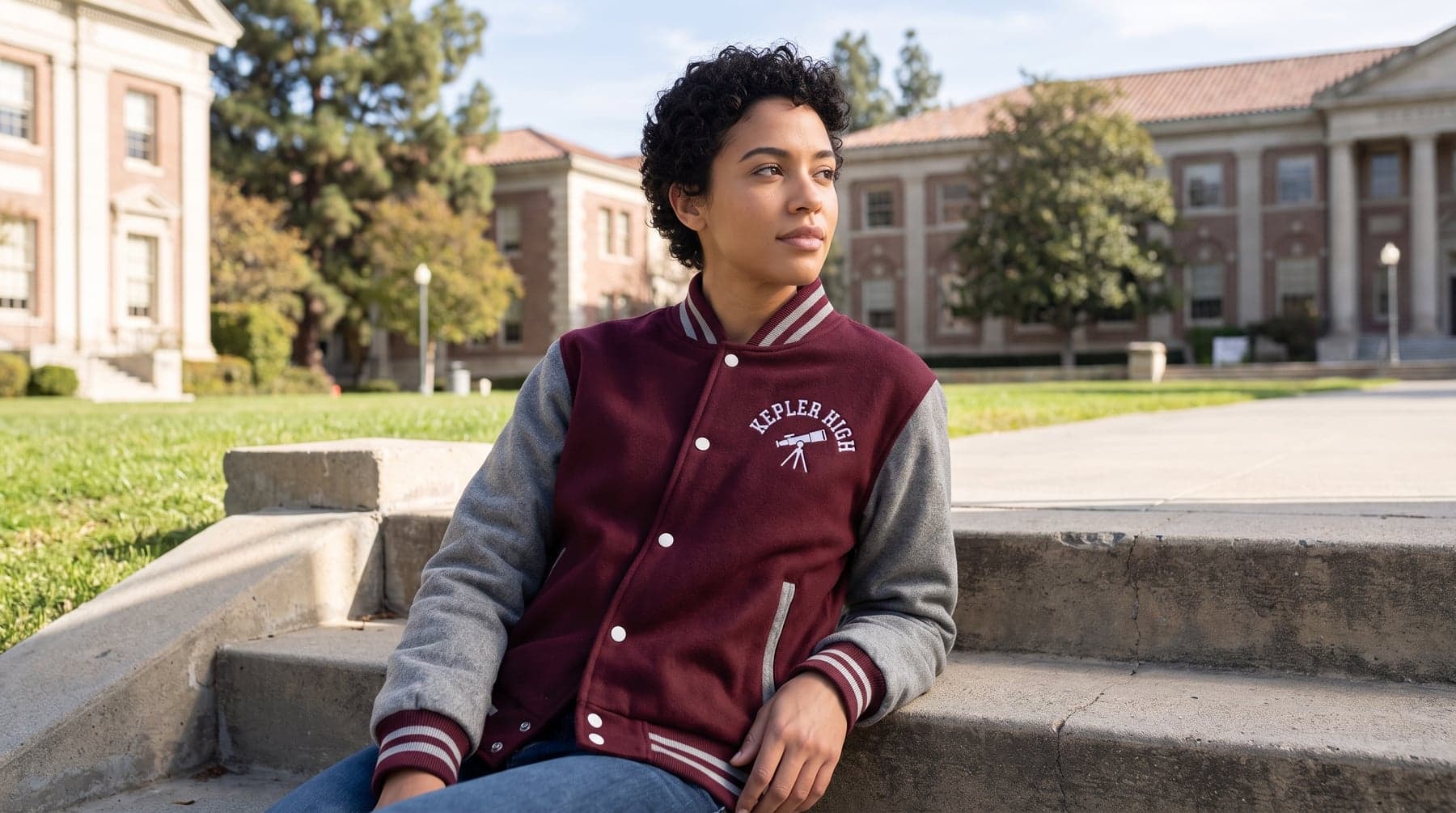 En situation — Just Hoods Varsity Jacket Burgundy/Heather Grey, broderie au cœur, devant